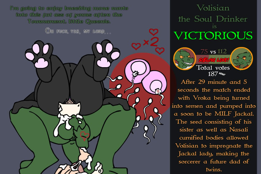 3:2 after_sex after_vore anthro bodily_fluids bone bones_in_cum canid canine canis cum cum_inside death duo english_text fatal fatal_vore female genital_fluids impregnation incest_(lore) jackal kakroon leaking_cum lizard male male/female mammal ovum reptile scalie skull sperm_cell text tournament vore