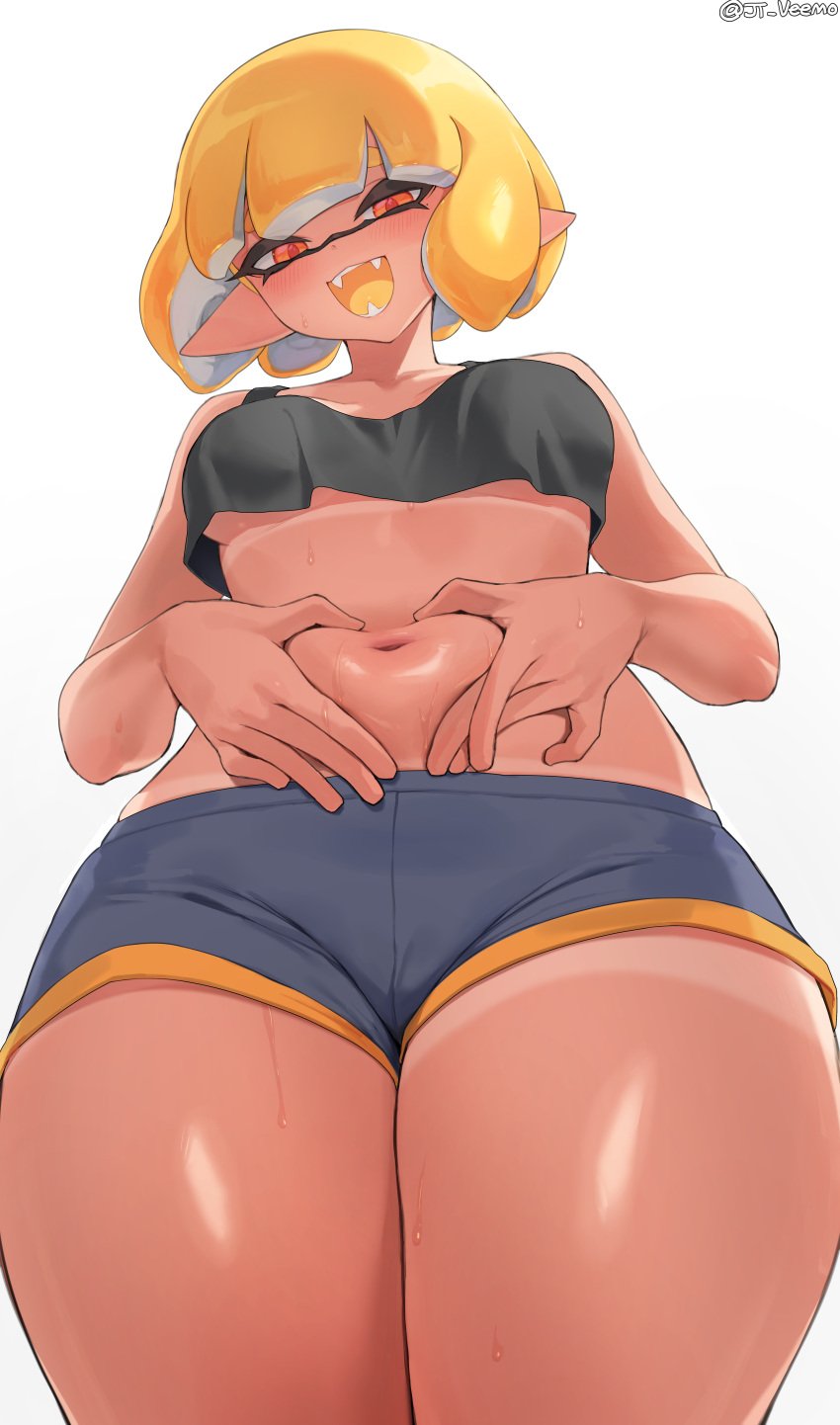 1girls agent_4_(splatoon) belly_button blush breasts chubby chubby_female crop_top female grabbing_belly hands_on_belly heart_sign inkling inkling_girl jtveemo looking_at_viewer low-angle_view medium_breasts naughty_face nintendo no_bra perky_breasts short_hair smile splatoon splatoon_(series) splatoon_2 sports_shorts sweat tan tan-skinned_female tanned_skin tentacle_hair thick_thighs underboob wide_hips yellow_hair