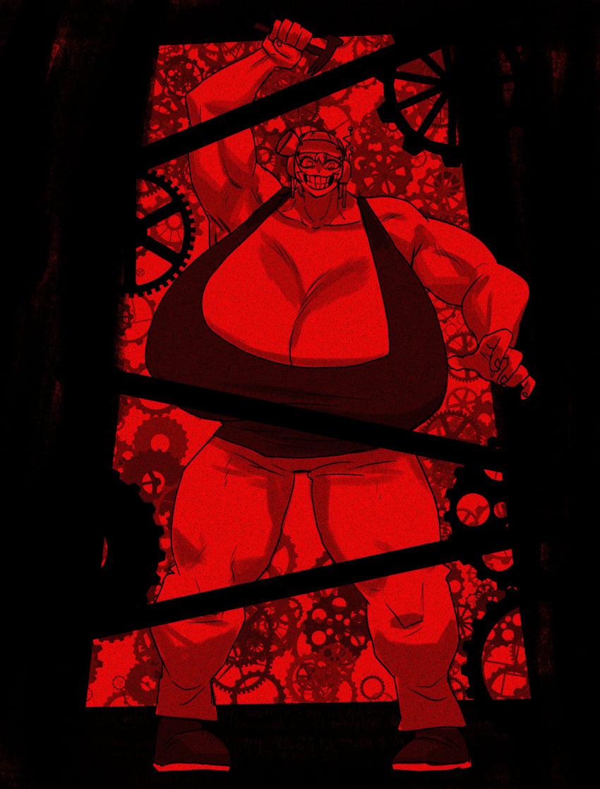 attacking_viewer bulging_biceps c'venash_vishneri c'venash_visneri cleavage crazy_eyes gears hammer huge_breasts hyper_muscles looming massive_breasts muscles psychopomp_(fading_club) queen_of_venus_(psychopomp) scary_face smile tanktop