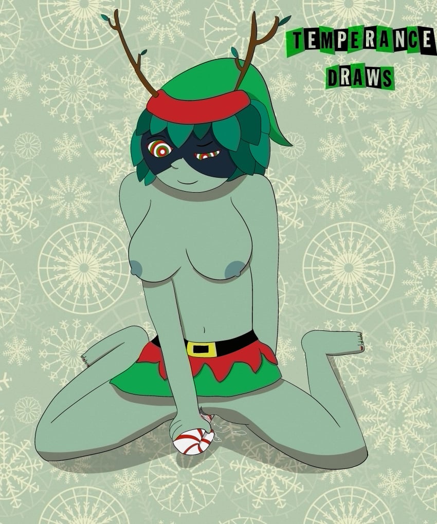 adventure_time ambiguous_penetration antlers brainwashing branch_horns breasts candy candy_cane cartoon_network christmas costume dildo elf_costume green_skin huntress_wizard hypnosis leaf_hair legs_apart looking_down mind_control on_knees pussy pussy_juice ringed_eyes skirt smile solo solo_female temperancedraws topless