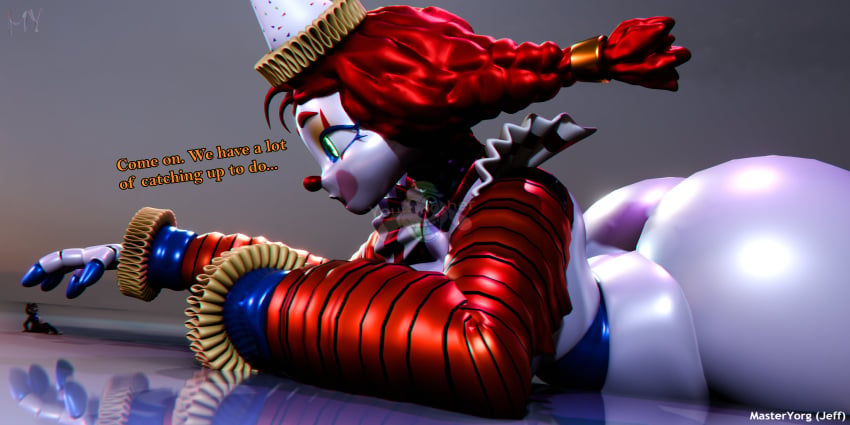 1boy 1boy1girl 1girls 3d 3d_(artwork) 3d_model animatronic animatronic_female ass ass_up big_breasts bowtie braid braided_hair breasts clothed clown clown_girl clown_makeup clown_nose curvy curvy_figure dialogue eyeliner face_down_ass_up five_nights_at_freddy's five_nights_at_freddy's:_secret_of_the_mimic giant_ass giant_breasts giantess glitchtrap green_eyes headwear huge_breasts jack_in_the_box_(toy) jackie_(fnaf) jackie_(mishuuyu) microskirt party_hat red_hair robot robot_girl shirt short_skirt skirt solo the_mimic_(fnaf) tutu twintails white_skin