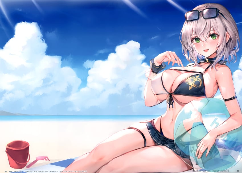 :d absurdres alternate_costume arm_strap ball beach beachball bikini bikini_skirt blue_sky blush bow bowtie braid breasts chest_belt choker cleavage cloud cloudy_sky day eyewear_on_head female green_eyes grey_hair hair_between_eyes hand_up highleg highleg_bikini highres hololive large_breasts looking_at_viewer navel ocean open_mouth outdoors page_number scan see-through_clothes shiny_skin shirogane_noel shirogane_noel_(summer_2020) short_hair sitting skirt sky smile solo stomach sunglasses sunlight swimsuit thigh_strap thighs virtual_youtuber watao water wavy_hair