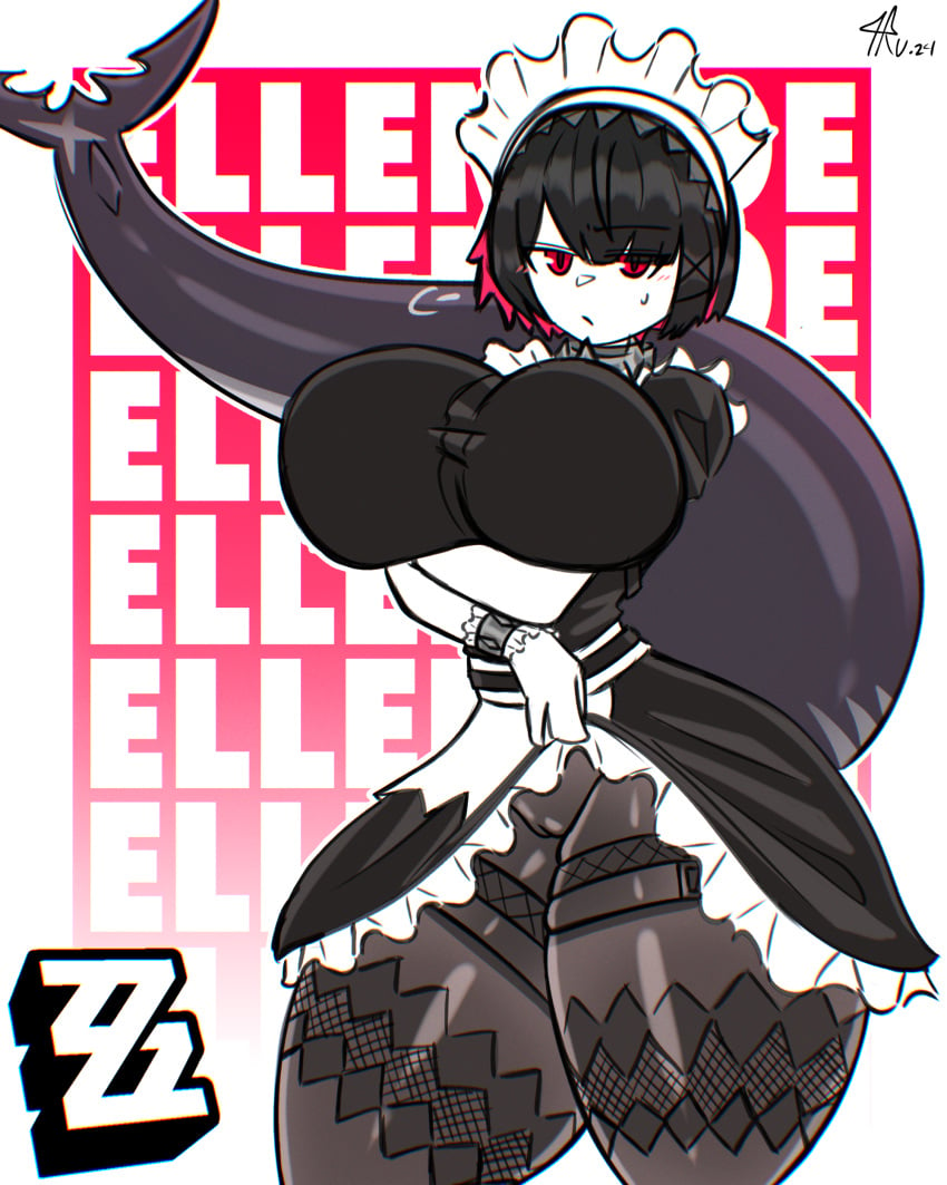 2024 4random_user_(artist) artist_signature artist_upload big_breasts black_pantyhose blush blush_lines ellen_joe female female_focus female_only fish_tail gradient_background hair lifting_skirt logo looking_at_viewer maid_headdress maid_uniform multicolored_hair red_eyes shark_girl shark_tail short_hair skirt skirt_lift skull_crushing_thighs text thick_thighs two-tone_hair white_background zenless_zone_zero