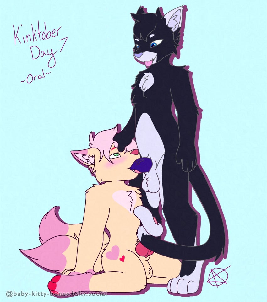 2_tails absurd_res anthro black_body black_fur canid canine canis domestic_cat duo felid feline felis freak_magic1369 fur hi_res kinktober kinktober_2024 male male/male mammal multi_tail oral oral_penetration penetration pink_body pink_fur sex tail tail_around_penis tail_fetish tail_play tail_sex tailjob val_(freak_magic1369) vio_(freak_magic1369) wolf