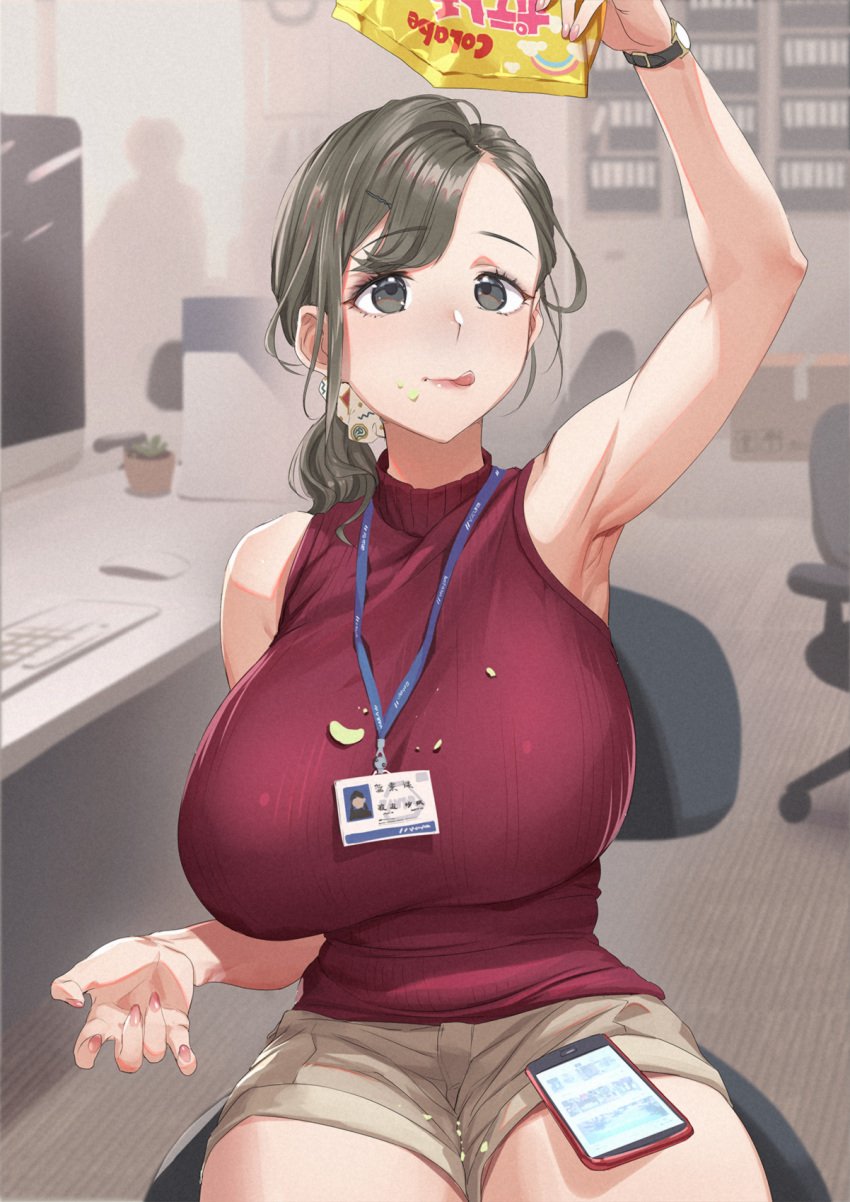 1girls cellphone chips_(food) food imac jpeg lanyard mhk_(mechamania) milf office office_lady sweater tongue_out