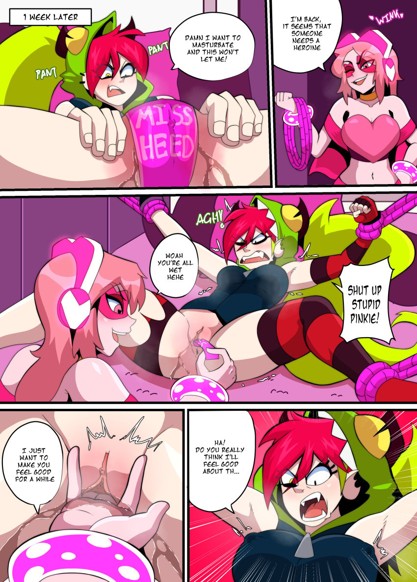 2girls cartoon_network comic demencia_(villainous) green_hair loquillo miss_heed_(villainous) pink_body pink_hair villainous yuri