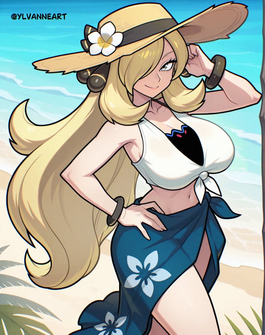 1girls ai-assisted ai_generated alternate_costume bare_shoulders beach big_breasts black_eyes blonde_hair blue_eyes blush bracelet breasts cleavage cloud collarbone curvy cynthia_(pokemon) cynthia_(summer_2025)_(pokemon_masters) day female floral_print floral_print_skirt flower hair_ornament hair_over_one_eye hand_on_own_hip hat jewelry large_breasts long_hair looking_at_viewer navel nintendo ocean official_alternate_costume palm_tree pokemon pokemon_dppt pokemon_masters pokemon_masters_ex print_skirt sand sarong shadow skirt sky smile solo standing straw_hat sun_hat sun_hat_ornament swimsuit thick_thighs thighs tree very_long_hair ylvanne