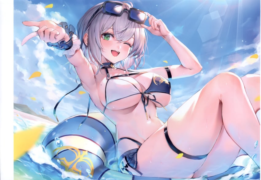 absurdres bikini blue_sky blush breasts cloud cloudy_sky day eyewear_on_head female green_eyes grey_hair highres hololive innertube large_breasts looking_at_viewer mole mole_on_breast navel ocean one_eye_closed open_mouth outdoors petals scan shirogane_noel shirogane_noel_(summer_2020) short_hair sky smile stomach sunglasses sunlight swim_ring swimsuit teeth thigh_strap thighs upper_teeth_only virtual_youtuber watao water wrist_cuffs