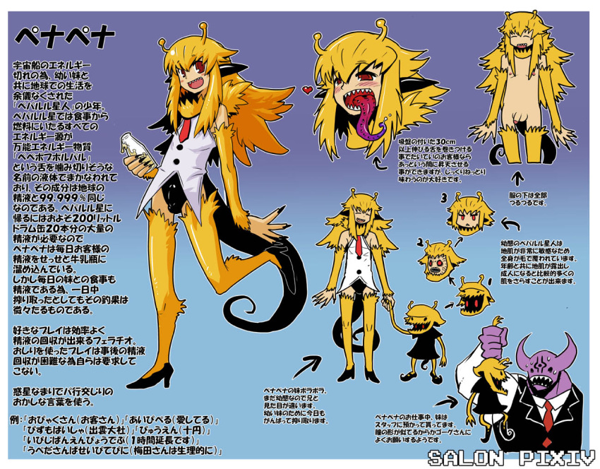 1boy antennae blonde_hair bulge character_name character_sheet claws crossdressing fangs fur heart high_heels jigodo long_hair long_tongue male matsuda_yuusuke model_sheet monster monster_boy monsterboy necktie nipples nude open_mouth penapena penis red_eyes salon_pixiv shoes smile tail tongue trap