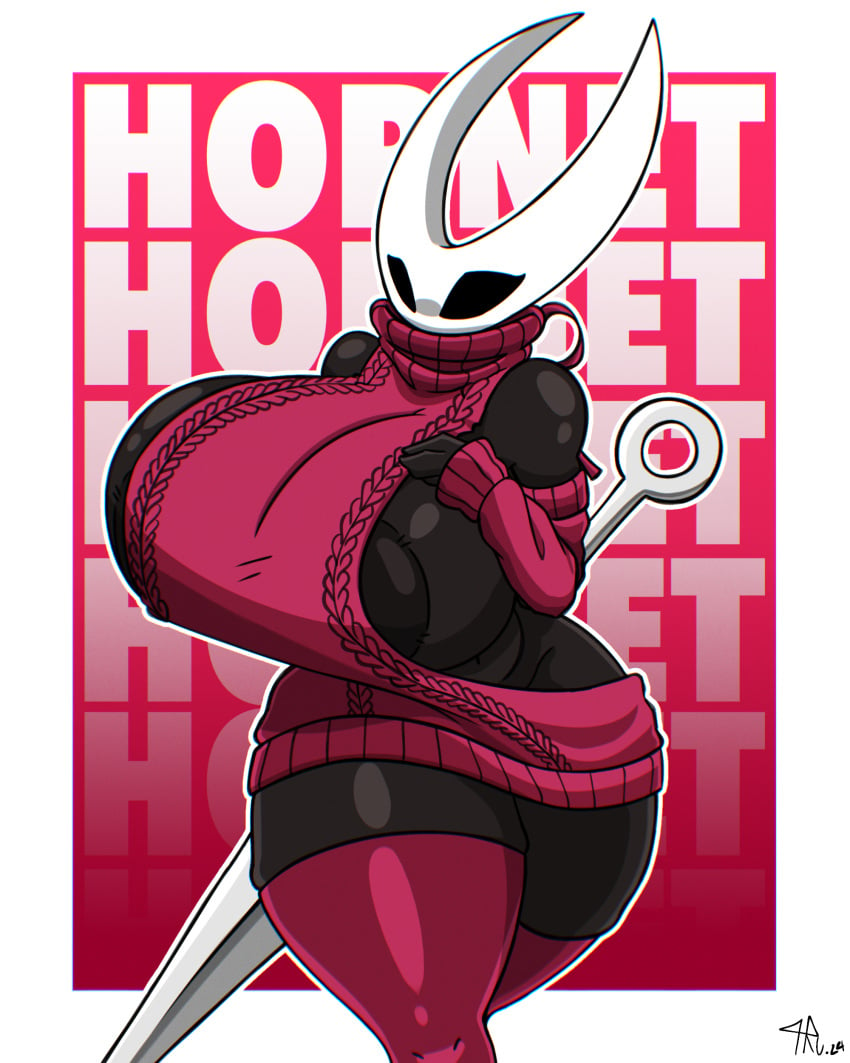 2024 4random_user_(artist) artist_signature artist_upload big_breasts breasts bug busty clothed_female clothing female female_focus female_only gradient_background hollow_knight hornet_(hollow_knight) huge_thighs team_cherry thighhighs thighs virgin_killer_sweater weapon white_background