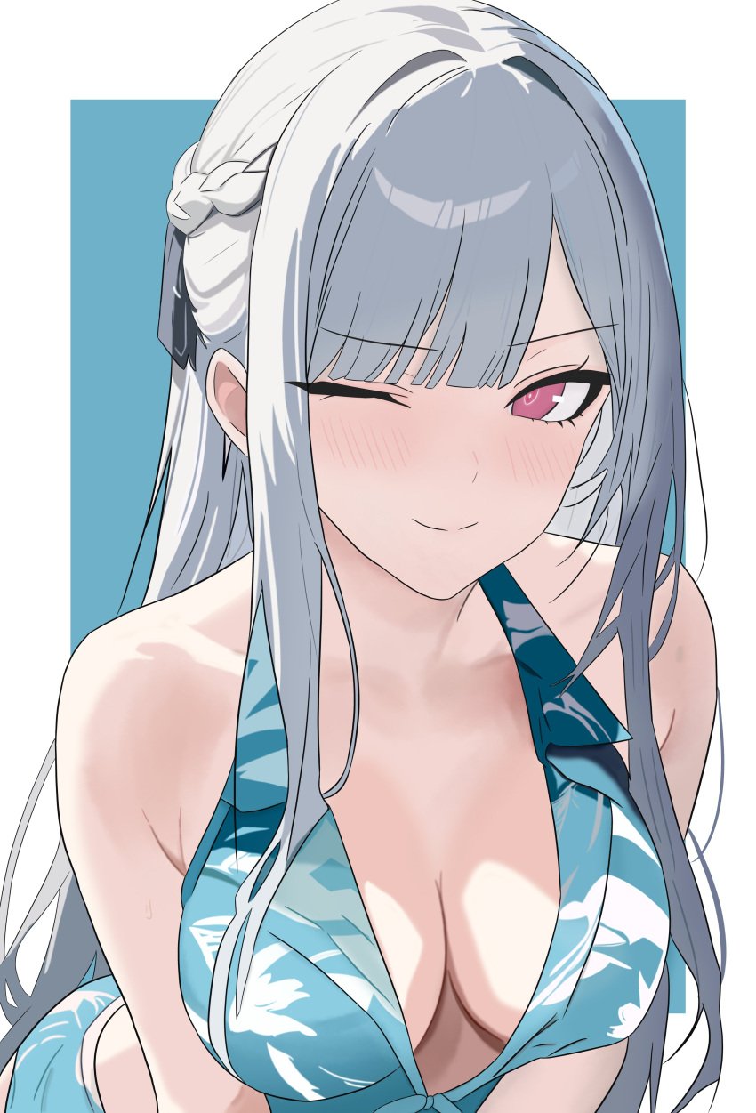 absurdres ak-12_(girls'_frontline) akamywek artificial_eye artificial_eyes braid breasts closed_mouth collared_shirt from_above girls'_frontline grey_hair hawaiian_clothes hawaiian_shirt highres long_hair looking_at_viewer mechanical_eye medium_breasts one_eye_closed ponytail purple_eyes shirt sidelocks smile unusually_open_eyes