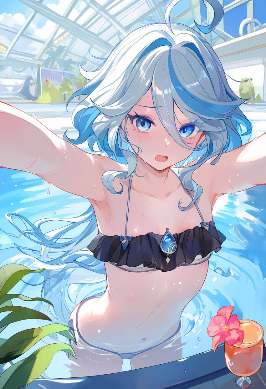 1girls ai_generated bikini blue_eyes blue_hair breasts furina_(genshin_impact) genshin_impact midriff petite pool small_breasts swimming_pool swimsuit swimwear wet