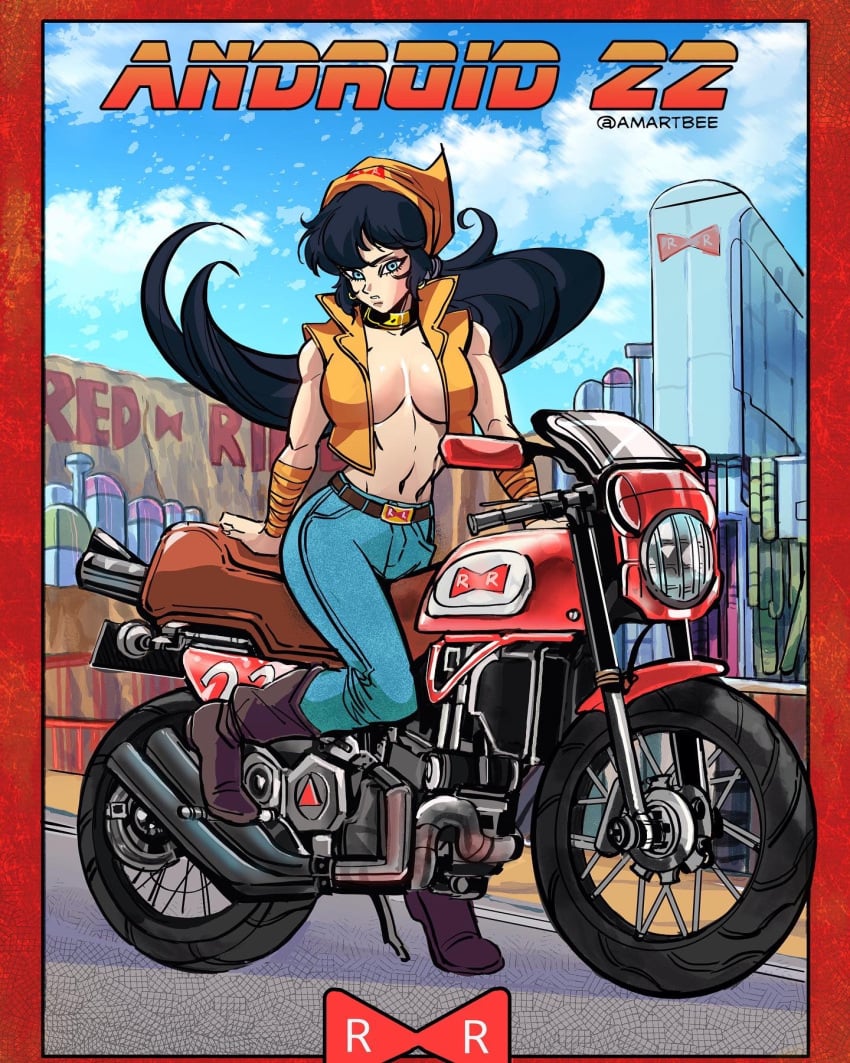 1girls amartbee android android_22 athletic athletic_female bandana black_hair boots breasts city_background cyan_eyes cyborg cyborg_girl dragon_ball dragon_ball_super dragon_ball_xenoverse dragon_ball_xenoverse_2 dragon_ball_z female gynoid jeans jewelry long_hair motor_vehicle motorcycle mountain mountain_background no_shirt oc original_character pale-skinned_female pale_skin pinup pinup_pose red_ribbon shounen_jump shueisha solo solo_female suggestive suggestive_pose tied_hair twintails vehicle vest villain villainess