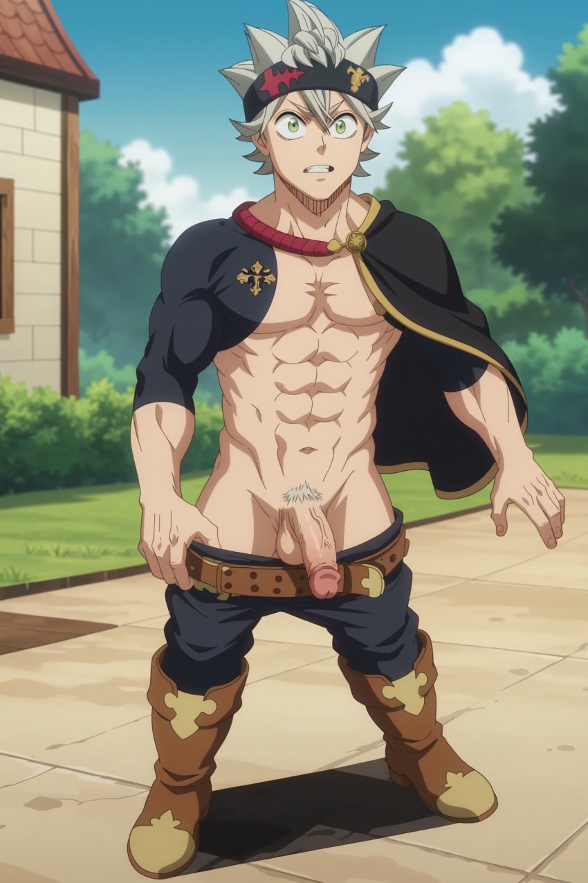 1boy abs ai_generated asta_(black_clover) bara belt black_capelet black_clover black_pants boots brown_footwear capelet clothes_pull cloud day flaccid full_body green_eyes grey_hair headband looking_at_viewer luxeraora10 male_focus male_pubic_hair muscular muscular_male navel nipples outdoors pants pants_pull pectorals penis pubic_hair short_hair sky solo spiked_hair standing teeth tensor_art testicles tree uncensored