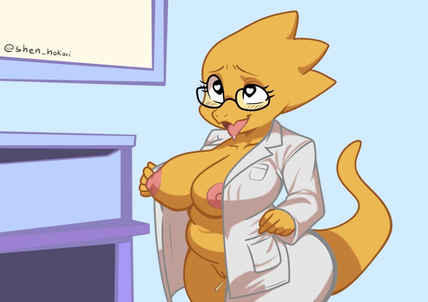 alphys anthro areola breasts clothed clothing coat female genitals heart_eyes heart_symbol hi_res lab_coat nipples no_underwear nude open_mouth presenting pussy reptile scalie shen_hokori solo tongue tongue_out topwear undertale undertale_(series)