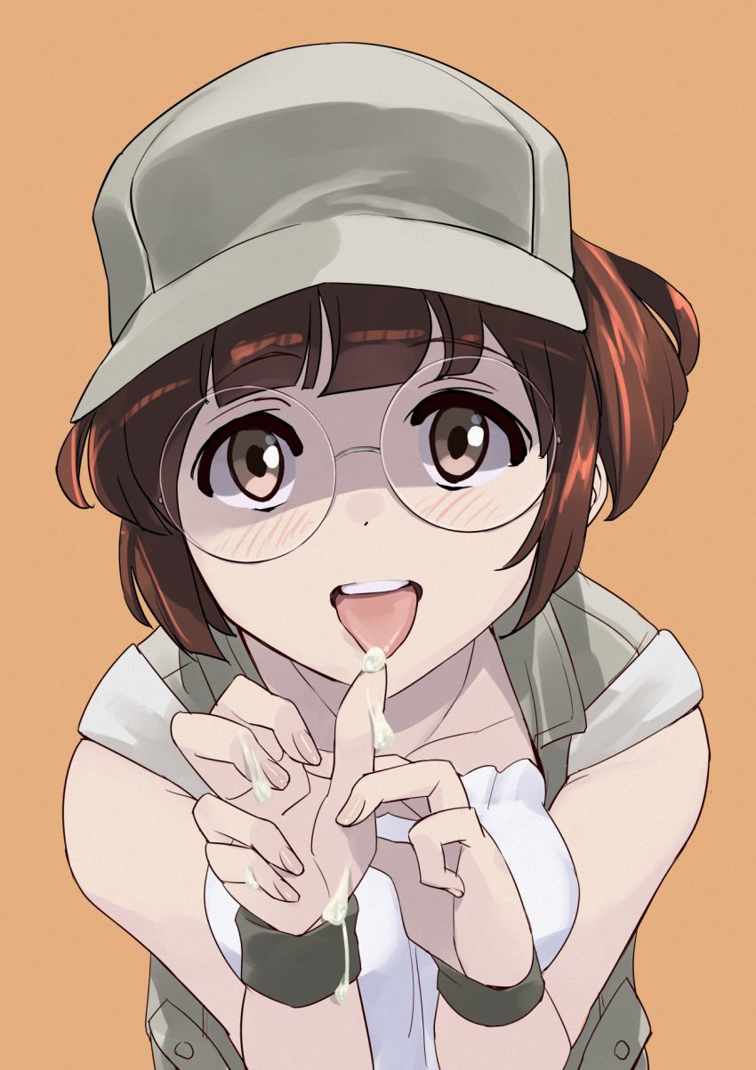 1girls :d baseball_cap blush breasts brown_eyes brown_hair close-up clothed clothed_female cum cum_on_hand fio_germi glasses hat highres licking_cum looking_at_viewer matching_hair/eyes medium_hair metal_slug naughty_face open_mouth ponytail round_glasses sidelocks simple_background smile snk solo themanyoukilled tongue tongue_out upper_body vest wristband