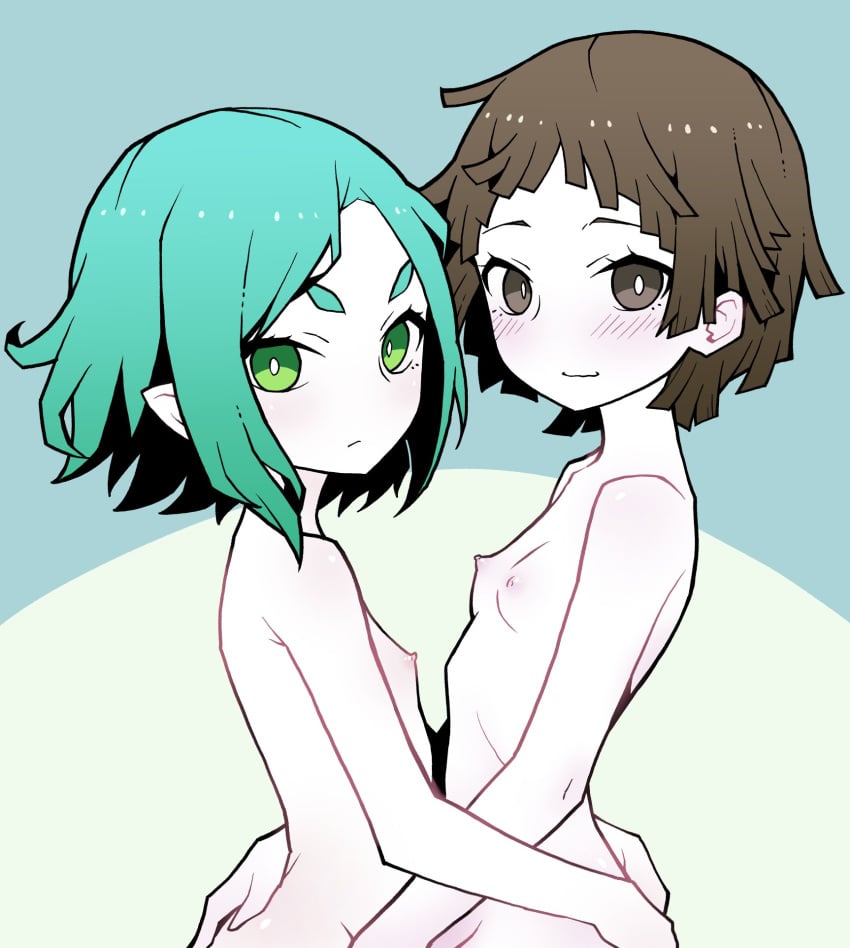 akableak aqua_hair blue_hair breasts brown_eyes brown_hair completely_nude completely_nude_female doll female female_only flat_chest green_eyes lesbian_sex looking_at_viewer monogatari_(series) naked nipples no_bra nude_female ononoki_yotsugi sengoku_nadeko sex_doll short_hair small_breasts yuri