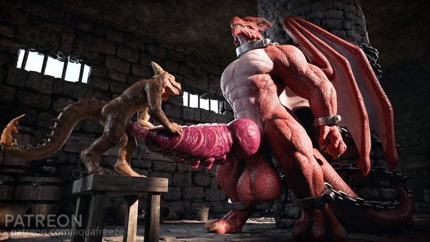 abs anthro aquafreeze balls dragon duo genitals hi_res kag_(aquafreeze) knot kobold male male/male membrane_(anatomy) membranous_wings mythological_creature mythological_scalie mythology pecs penetration penile penile_penetration penis scales scalie size_difference spikes spikes_(anatomy) vein veiny_penis wings