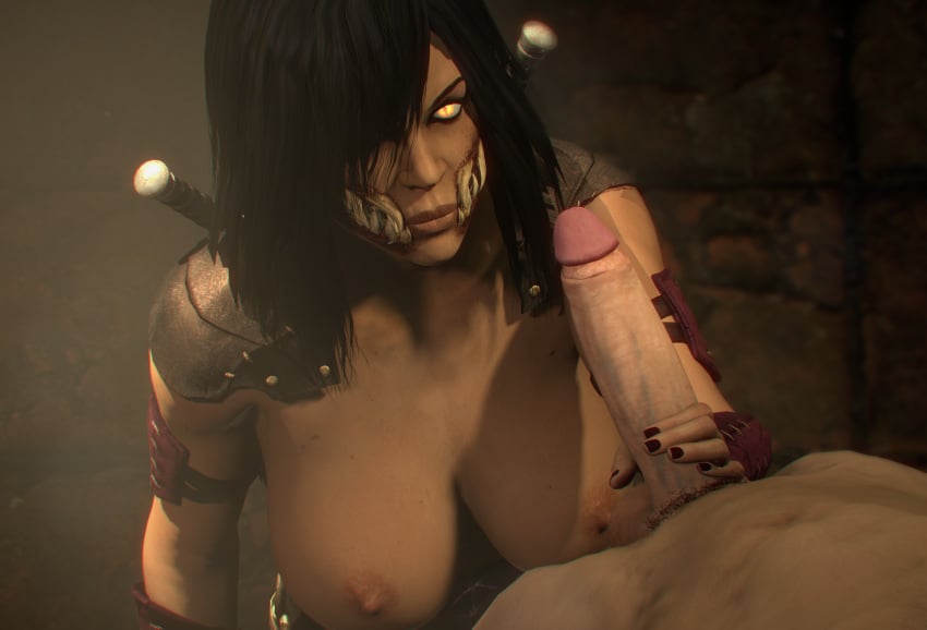 1boy 1girls 3d 3d_(artwork) big_breasts big_penis breasts_out creasesfm foreskin glowing_eyes hand_on_penis handjob lips mileena mortal_kombat mortal_kombat_x partial_male source_filmmaker veiny_penis yellow_eyes