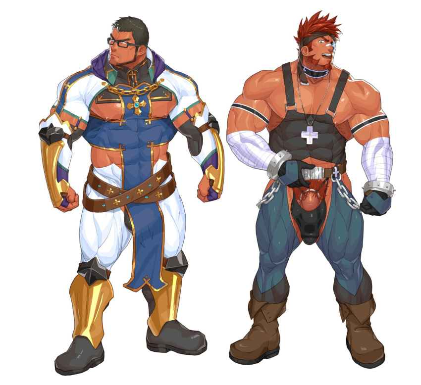 2boys bara beard biceps black_hair boots bulge clenched_hands coat cock_ring collared_coat dick_root eyepatch facial_hair fingerless_gloves flaccid gauntlets glass gloves headband highres kuromine_hiraya large_pectorals leather leather_belt leg_armor looking_at_viewer looking_to_the_side male male_focus male_nipples male_only male_pubic_hair male_swimwear manly mature_male multiple_boys original pectorals red_eyes red_hair sex_toy short_hair simple_background spiked_hair swim_briefs thick_arms thick_eyebrows thick_thighs thighs tight white_background yuatari