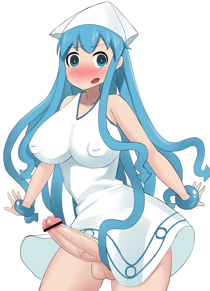 1futa artist_request balls bar_censor big_breasts big_penis blue_eyes blue_hair blush bottomless breasts censored clothed clothing erection futa_only futanari human ikamusume light-skinned_futanari light_skin looking_at_viewer mostly_clothed nipples_visible_through_clothing niwatori_mune_niku_55 penis shinryaku!_ikamusume solo squid_girl tentacle tentacle_hair tentacles