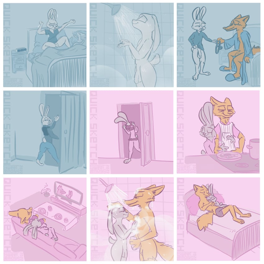 1boy 1futa 2022 absurd_res alarm_clock andr anthro balls bed bed_sheet bedding bedroom blue_background bottomless canid canine casual casual_nudity cheek_tuft clock clothing comic cooking cookware cuddling dickgirl digital_drawing_(artwork) digital_media_(artwork) digital_painting_(artwork) disney door dressing duo embrace facial_tuft feet flaccid fluffy fluffy_ears fluffy_tail fox frying_pan fur furniture futa_with_male futanari genitals grey_body grey_fur hi_res holding_object hug inner_ear_fluff inside interior_view intersex judy_hopps kitchen_utensils lagomorph leporid long_ears long_tail lying male mammal mostly_nude neck_tuft nick_wilde nude on_back orange_body orange_fur paws penis pillow pink_background prick_ears rabbit robe robe_only shaded short_tail shower showering showering_together signature simple_background simple_coloring simple_eyes simple_shading sitting sketch sketchy sleeping smile snout sofa standing steam stretching sweet.lemons television toes tools tuft underwear undressing walk-in walking watching_tv water zootopia