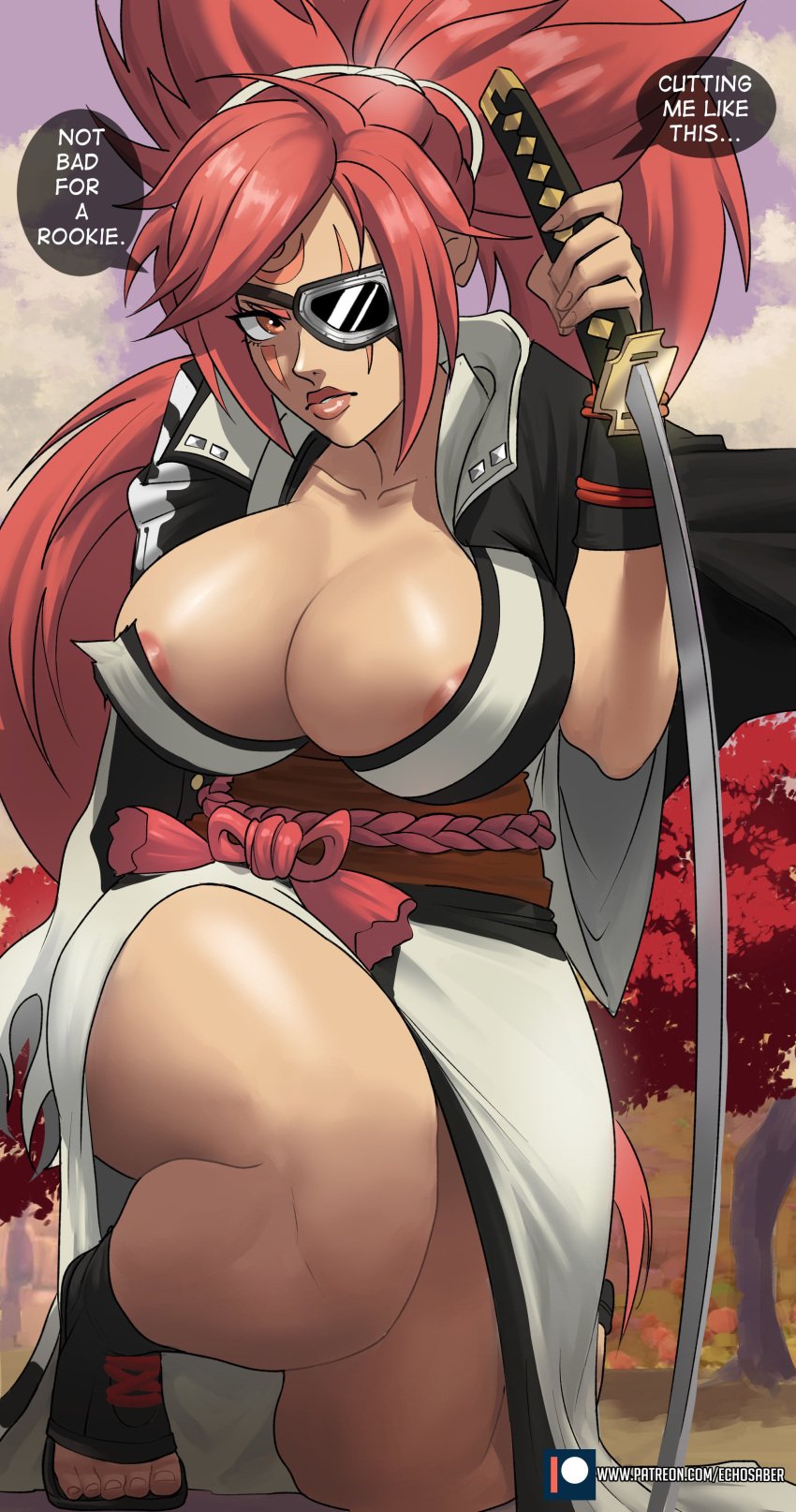 1girls baiken big_breasts curvy_female cut_clothes dialogue echosaber eye_patch female female_only guilty_gear light-skinned_female looking_at_viewer pink_hair ponytail red_eyes solo sword tagme thick_thighs