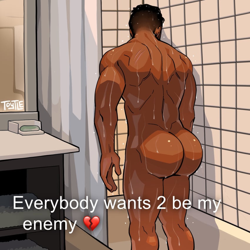 ass_focus bubble_butt dark-skinned_male dark_skin emoji everyone_is_so_mean_2_me heart_emoji huge_ass no_visible_genitalia shower solo_male text toytle