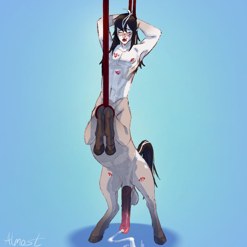 absurd_res animal_genitalia animal_genitalia_on_humanoid balls bodily_fluids bondage bound centaur cum ejaculation equid equid_taur erection genital_fluids genitals hi_res horsecock_on_humanoid humanoid_genitalia humanoid_penis humanoid_taur iwilldrawalmostanything kiss_mark kiss_mark_on_chest kiss_mark_on_face lipstick lipstick_on_face makeup male male/male male_only mammal mammal_taur nude penetration penis restraints rope rope_bondage simple_background solo submissive taur