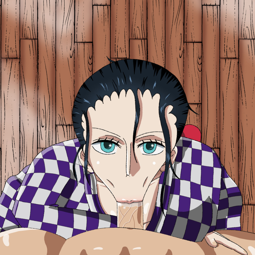 anime anime_style artist_request big_breasts black_hair blowjob blue_eyes colarbone eye_contact eyebrows fellatio female female_on_knees hair_ornament hair_ribbon hair_strand hands_on_penis kimono lips looking_at_viewer male male/female nico_robin one_piece oral oral_sex pattern_clothing penis post-timeskip pov saliva saliva_on_penis straight sucking