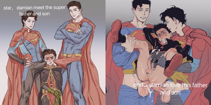 anal anal_sex ass big_bulge boner bulge cape caucasian caucasian_male clark_kent covered cradle cradling cum cumming cumming_from_anal_sex cumming_together cumming_while_penetrated cumming_while_penetrating damian_wayne dc dc_comics double_penetration erect_penis erect_while_penetrated erection erection_under_clothing face father_and_son foreskin gay gay_sex hard_on huge_bulge jon-el jonathan_kent kal-el male male_only muscles muscular muscular_male penis robin_(damian_wayne) robin_(dc) sex superboy superboy_(jonathan_kent) superman superman_(clark_kent) supersons teen_boy the_lazarus_tournament threesome uncut veiny_penis yaooor