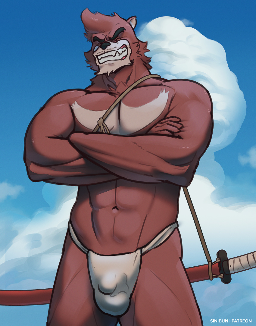 anthro arms_crossed balls bara barazoku beast black_nose bulge chest_tuft closed_eyes fundoshi fundoshi_only furry gay kumatetsu male male_only muscles muscular penis red_body red_fur sinibun_95 smiling solo solo_male the_boy_and_the_beast weapon