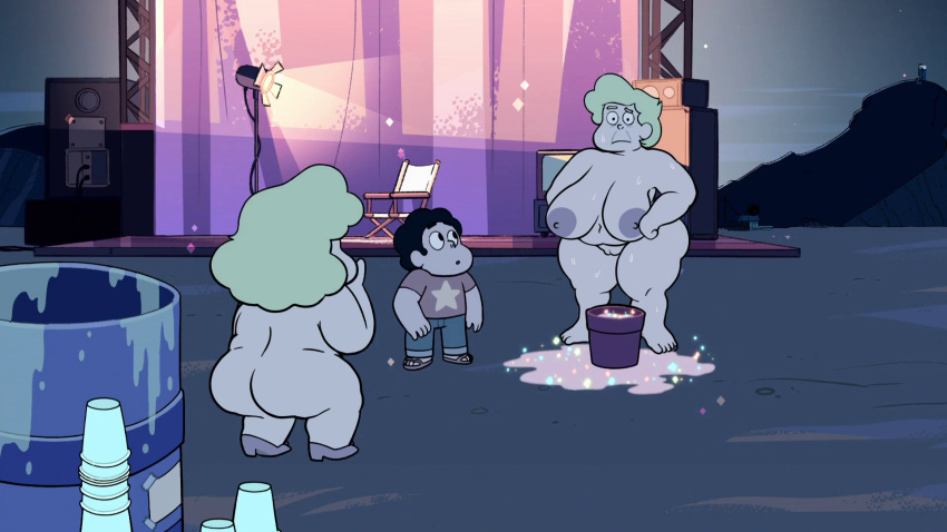 1boy 2girls barbara_miller beach beach_city behind_stage black_hair blonde_hair bucket cartoon_network casual caught_in_the_act chubby_female completely_nude_female cum_bucket curly_hair dickergazer edit edited edited_screencap female flabby giant_ass girthy glitter human imminent_sex looking_at_another montgomery_glands mother_and_daughter night overweight pale_skin red_shirt sadie_miller short_hair shortstack slippers steven_quartz_universe steven_universe