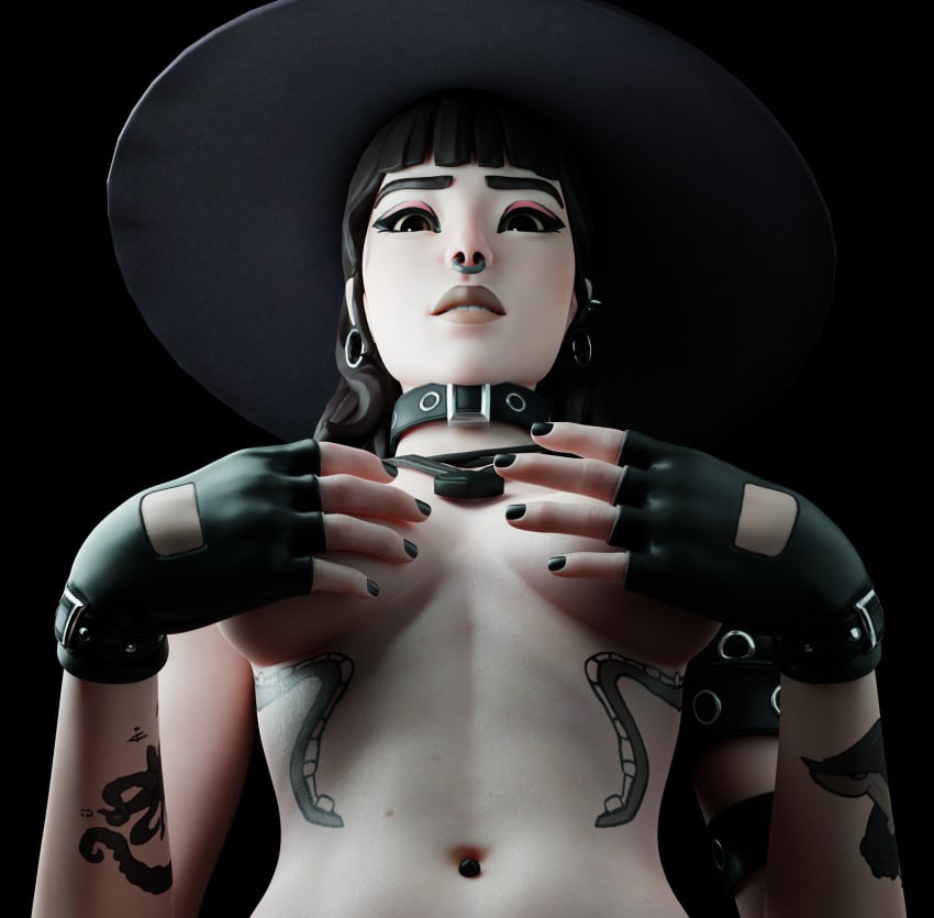 3d 3d_(artwork) black_hair blender blender_(software) breasts choker covering_breasts epic_games fortnite fortnite:_battle_royale gloves goth hat nose_piercing ns1124 phaedra_(fortnite) tattoo witch_hat