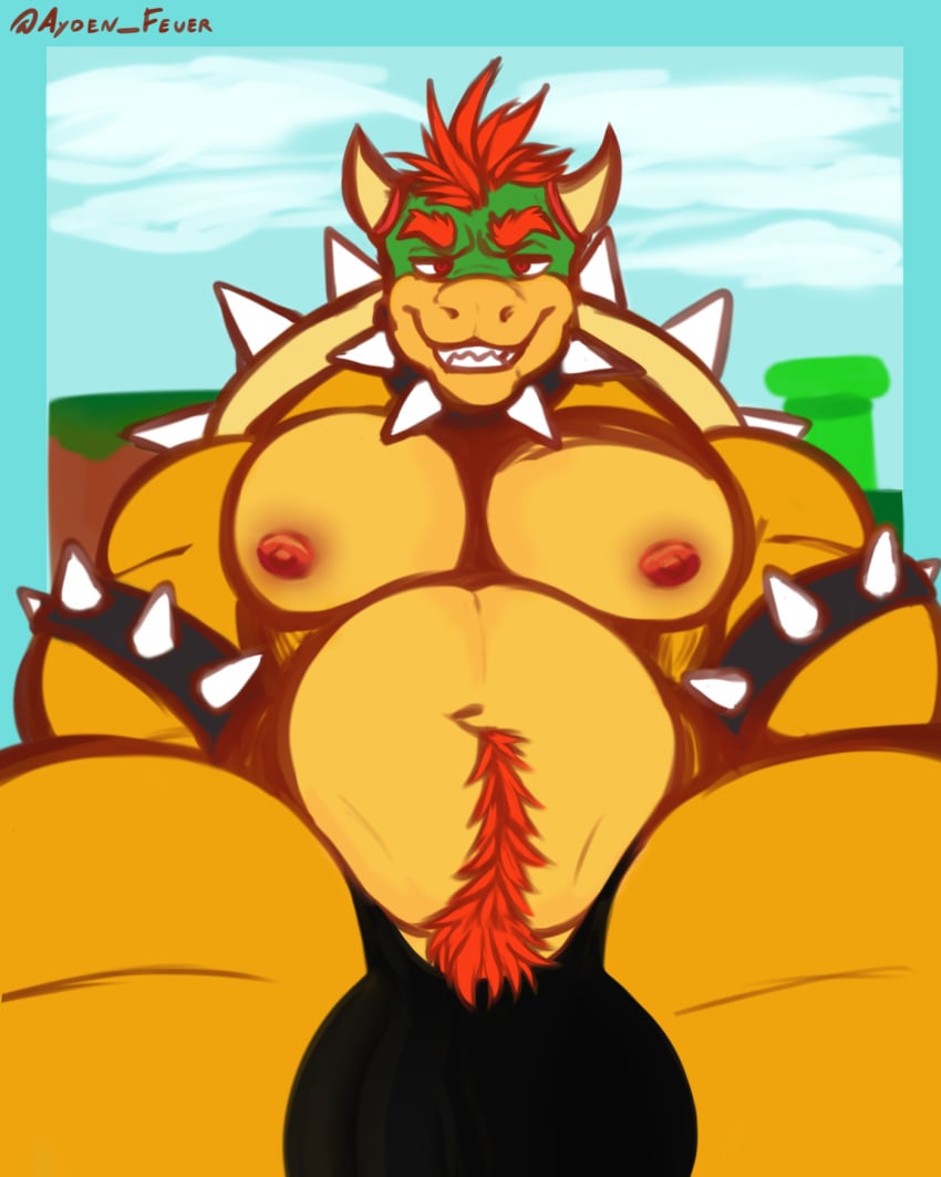 absurd_res anthro ayden_feuer balls bara big_balls big_bulge big_pecs big_penis bowser bowser_day bulge choker clothing eyebrows genitals hair hi_res horn huge_balls huge_cock jewelry koopa looking_at_viewer looking_pleasured male male_only mario_(series) muscular muscular_male necklace nintendo pecs penis pubes red_hair scalie signature smile solo spikes super_mario_bros. teeth thick_eyebrows thick_thighs underwear vein video_games