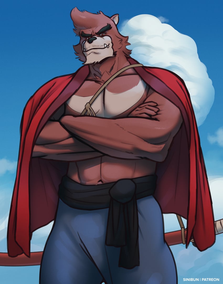 anthro arms_crossed balls bara barazoku beast black_nose chest_tuft furry gay japanese_clothes kumatetsu male male_only muscles muscular penis red_body red_fur sinibun_95 solo solo_male the_boy_and_the_beast weapon