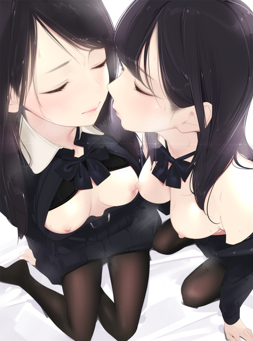 2girls ama_mitsuki black_hair black_stockings breasts breasts_out closed_eyes collar highres imminent_kiss medium_breasts multiple_girls nipples open_clothes school_uniform simple_background skirt sparkle sweat touching_breasts white_bed_sheet yuri