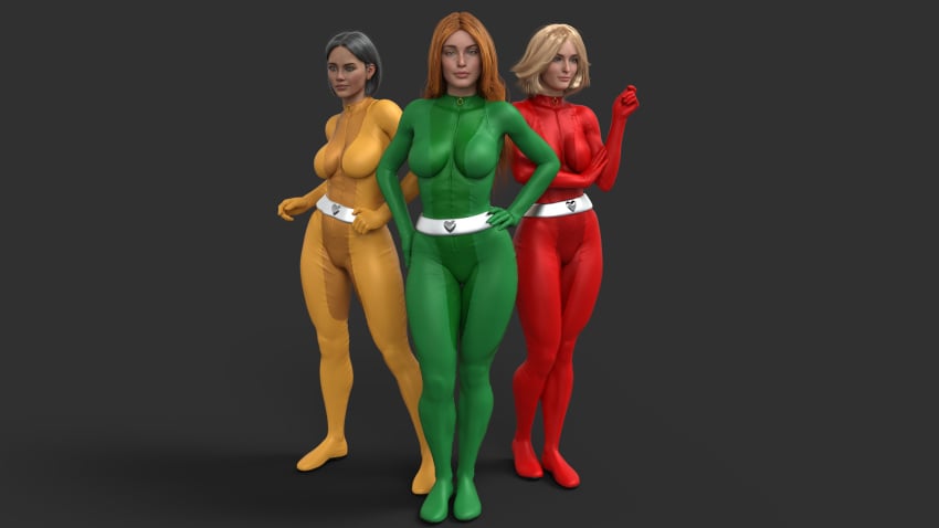 3_bodysuits 3girls alex_(totally_spies) belt black_hair blonde_hair blue_eyes bodysuit breasts brown_eyes clothing clover_(totally_spies) dark_skin elmeistro female female_only fit_female green_eyes human latex latex_suit long_hair multiple_girls pale_skin red_hair sam_(totally_spies) short_hair skin_tight tight_clothing tight_fit totally_spies