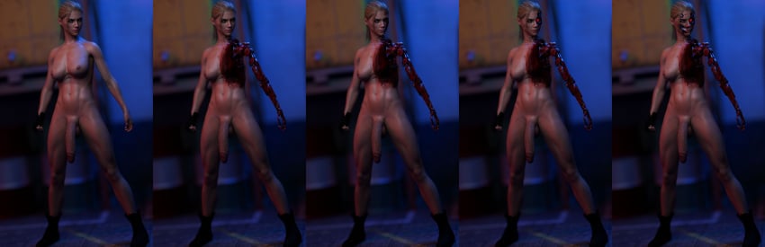 3d android athletic_intersex balls big_penis blonde_hair blood breasts cyborg damage futanari mechabare nipples penis robotic_reveal shemale solo terminator