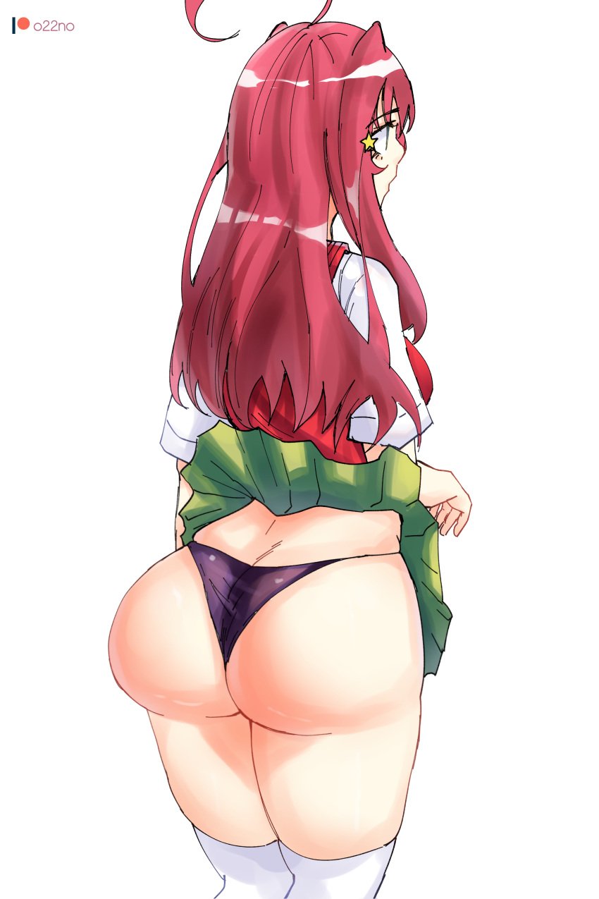 1girls ass big_ass big_butt breasts fat_ass female female_only go-toubun_no_hanayome huge_ass legwear long_hair looking_at_another nakano_itsuki o22no panties red_hair skirt skirt_lift solo standing thick_ass thick_thighs thighhighs thighs white_background