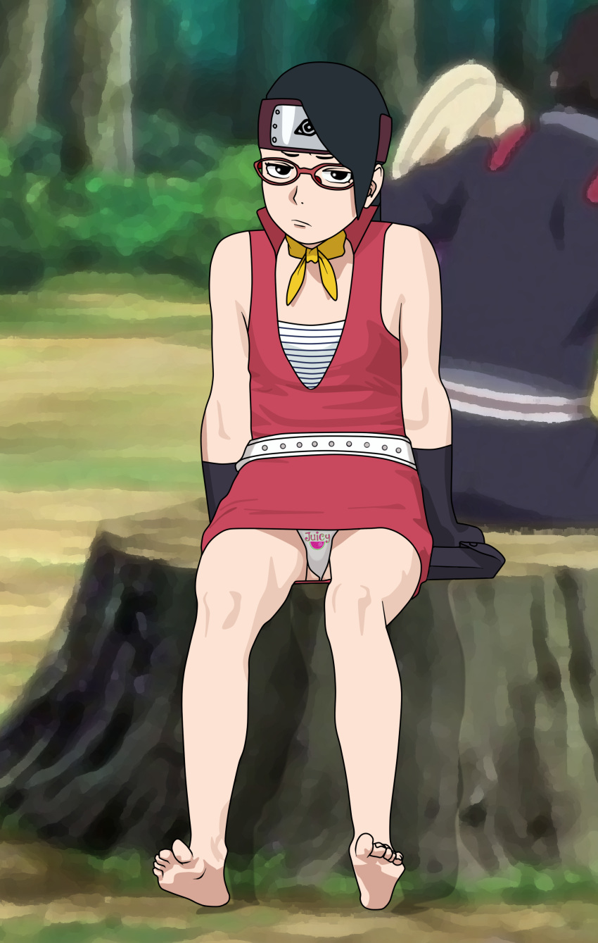 1boy 2girls bare_legs bare_shoulders barefoot black_eyes black_gloves black_hair blonde_hair boruto:_naruto_next_generations couple feet female female_focus flashing foot_fetish forehead_protector glasses gloves headband hi_res highres human husband_and_wife ino_yamanaka legs light-skinned_female light_skin male married_couple marvin_lazer multiple_girls naruto naruto_(series) outdoors outside pale-skinned_female pale_skin panties petite ponytail presenting_feet presenting_soles sai sarada_uchiha short_dress shounen_jump sitting sleeveless sleeveless_dress soles solo_focus tied_hair toes tree_stump upskirt white_panties