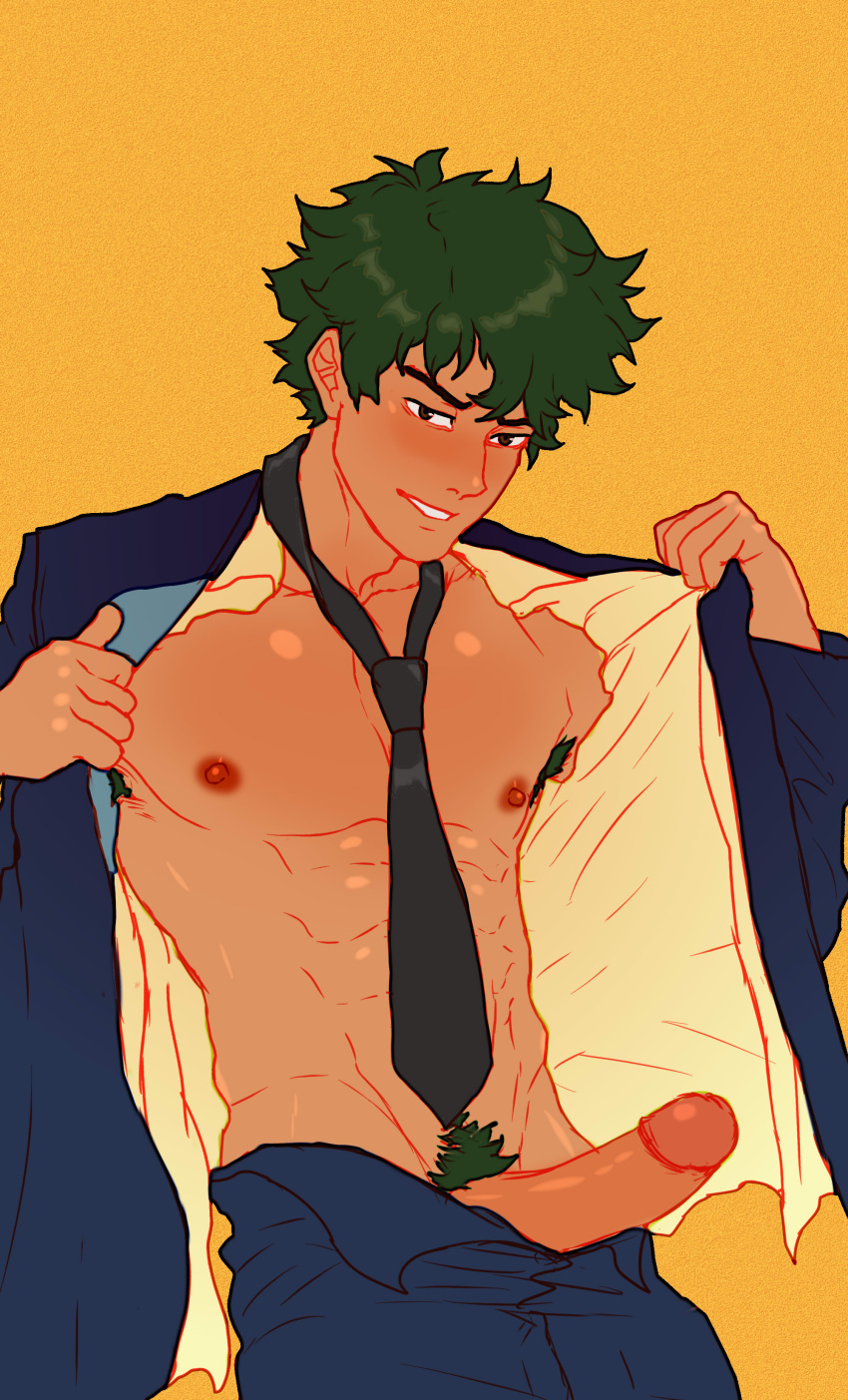 1boy abs absurdres big_penis commando cowboy_bebop cuckoo_chan erect_nipples erect_penis erection exhibitionism exibitionism freeballing gay green_hair highres horny male male_focus male_only necktie nipples no_male_underwear no_underwear pants penis penis_out pubes pubic_hair solo solo_male spike_spiegel undressing yaoi yellow_background