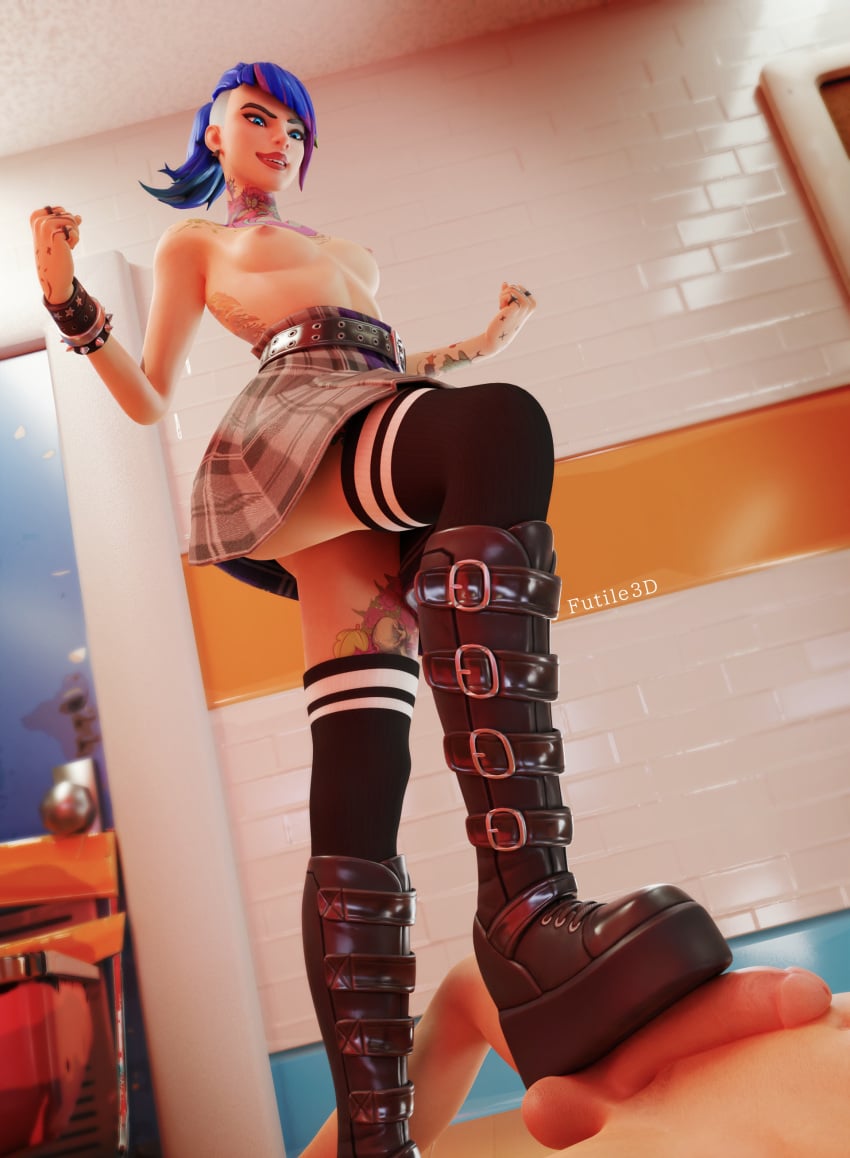 1boy 1girls 3d 3d_(artwork) 3d_model belt blue_eyes blue_hair bootjob boots clothed_female_nude_male dominant dominant_female domination domination/submission epic_games female female_domination female_focus female_on_top femdom fortnite fortnite:_battle_royale futile3d knee_boots knee_socks knee_up kneesocks leather_boots penis platform_boots ponytail punk punk_girl rock shoejob sidecut skirt smile smug smug_face stepped_on stepping_on_penis stryder_(fortnite) tattoo tattoo_on_arm tattoo_on_legs tattooed_arm tattoos topless twyn_(fortnite)