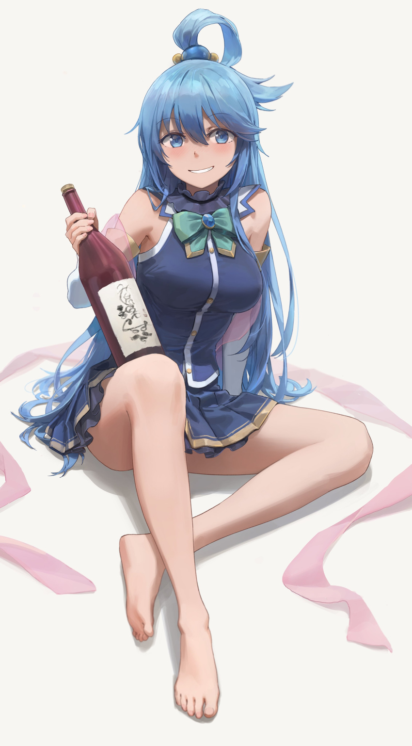 1girls absurd_res aqua_(konosuba) bangs barefoot big_breasts blue_eyes blue_hair blush bow breasts feet grin hair_ornament jewelry kono_subarashii_sekai_ni_shukufuku_wo! legs long_hair looking_at_viewer miniskirt sake sake_bottle simple_background sitting skirt smile solo solo_female toes white_background wine_bottle yohan1754