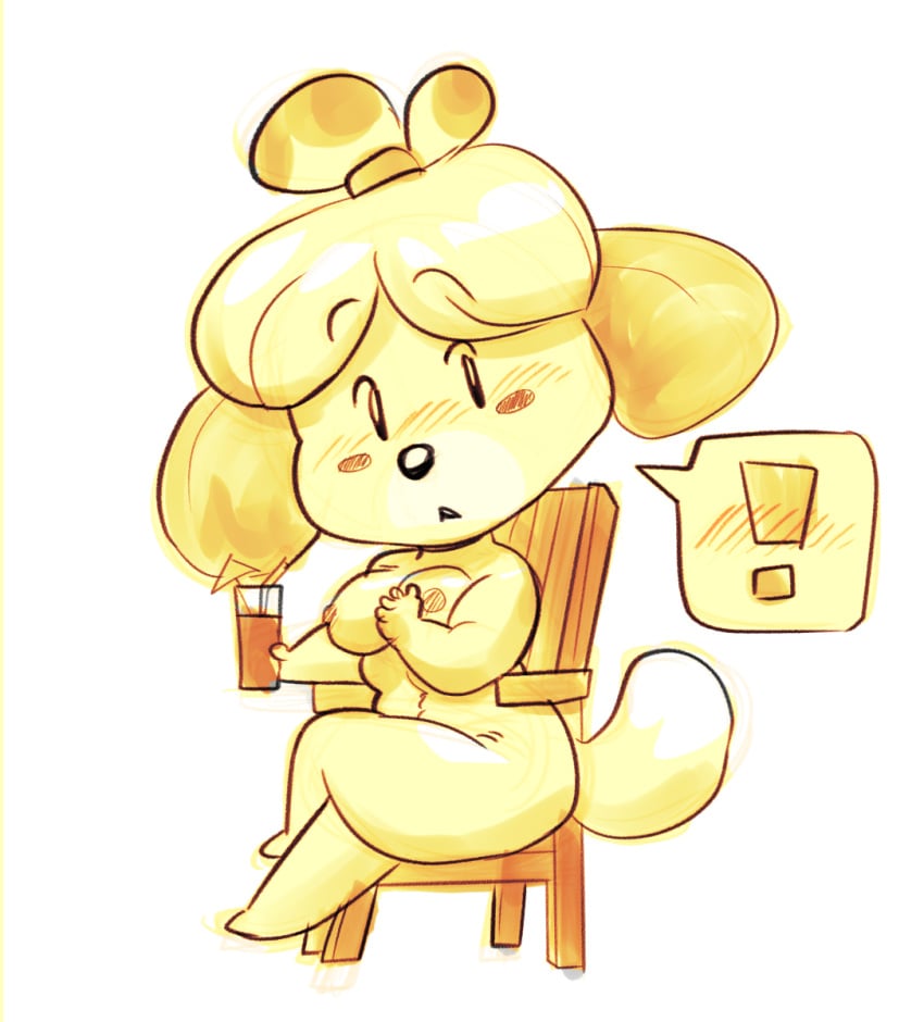 ! alternate_breast_size animal_crossing anthro blush breasts canid canine canis dog female fur furry furry_only isabelle_(animal_crossing) jonas nintendo nipples nude sitting solo source_request tail year_request