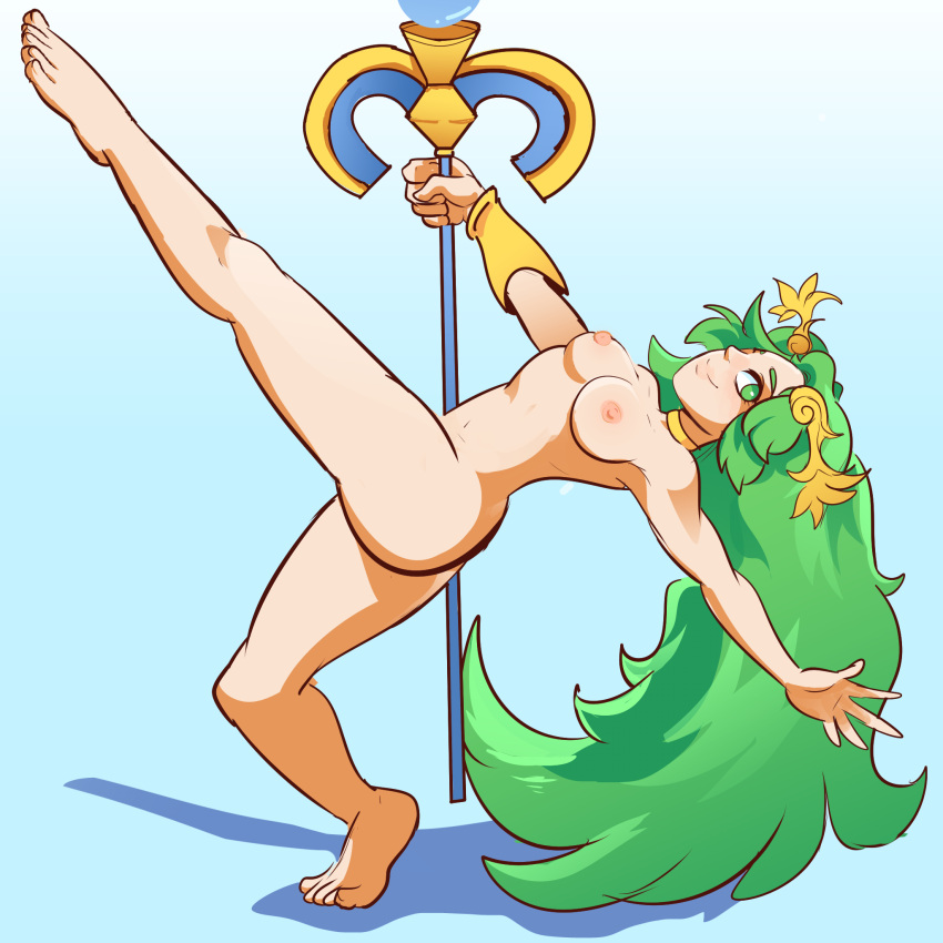 1girls brownriice choker completely_nude completely_nude_female dancing female female_only full_body green_eyes green_hair kid_icarus kid_icarus_uprising long_hair naked naked_female nintendo nude nude_female palutena pole_dancing smile solo solo_female staff super_smash_bros.