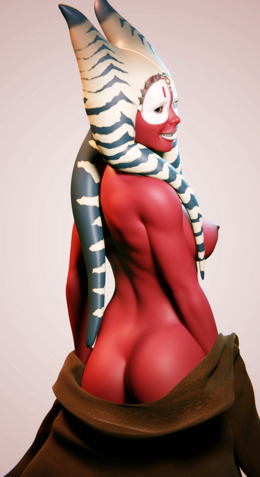 3d alien alien_girl ass athletic_female cloak lekku open_cloak rear_view red_skin scorched3d shaak_ti star_wars togruta