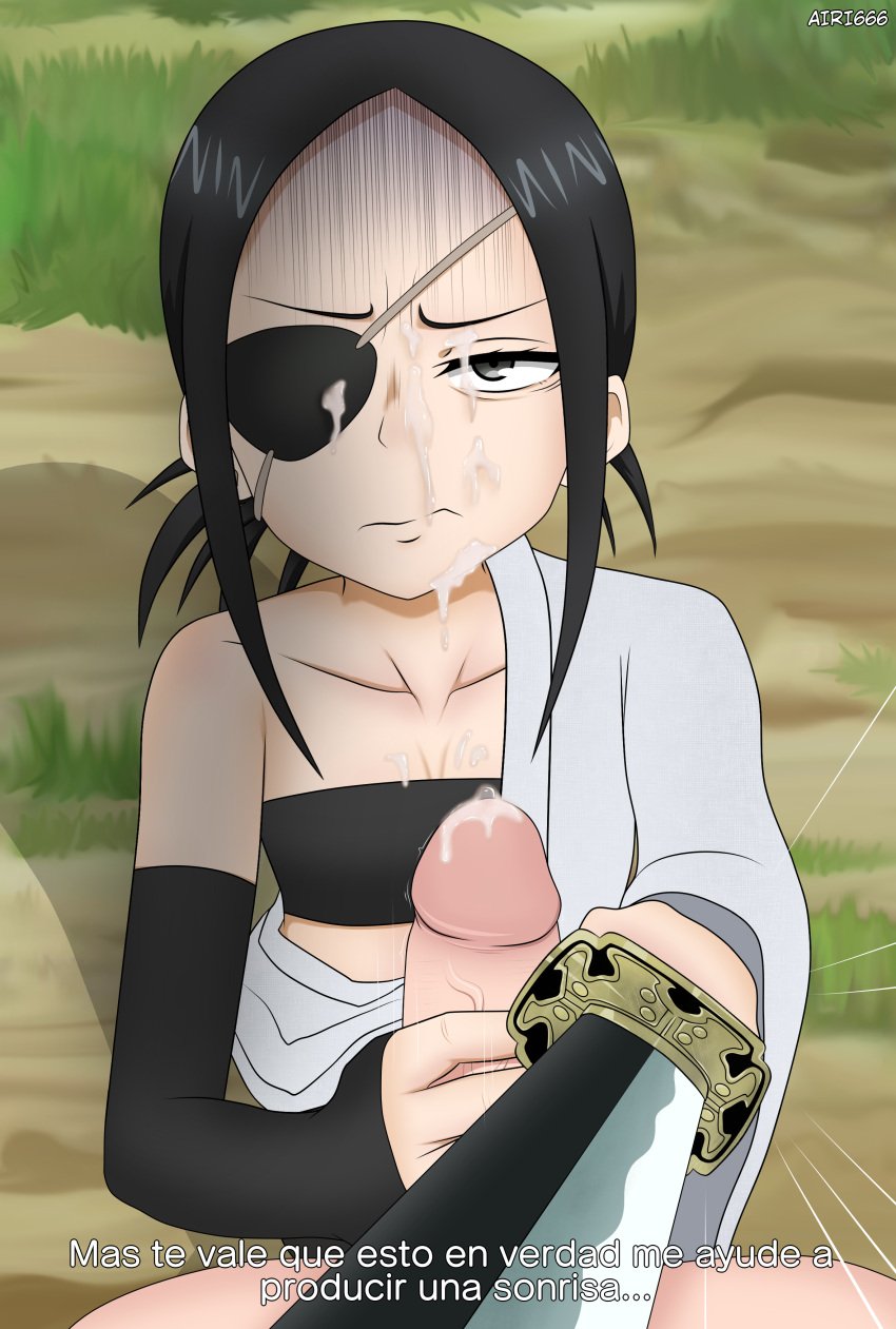 1girls airi666 aogiri_(kunoichi_tsubaki_no_mune_no_uchi) black_hair black_handwear cum cum_on_eye cum_on_face cumdrip ejaculation erection female handjob handwear hi_res highres irritated kunoichi_tsubaki_no_mune_no_uchi looking_at_viewer penis pov small_breasts threatening translation_request