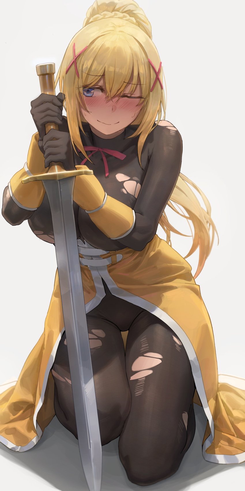 1girls absurd_res bangs big_breasts blonde_hair blue_eyes blush bodystocking bodysuit breasts cape darkness_(konosuba) embarrassed hair_ornament kneeling kono_subarashii_sekai_ni_shukufuku_wo! long_hair one_eye_closed ponytail ripped_clothes ripped_clothing shy simple_background smile solo_female sweat sword thighs torn_bodysuit torn_clothes yohan1754