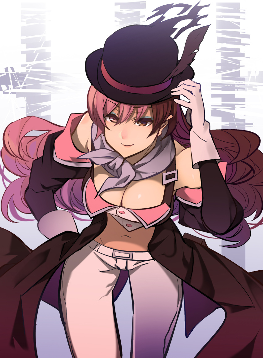 1girls bent_over big_breasts breasts brown_eyes brown_hair busty cleavage gloves hand_on_hip hat heterochromia large_breasts leaning_forward legs looking_at_viewer midriff nachocobana neo_(rwby) pants pink_eyes pink_hair rwby smile thighs